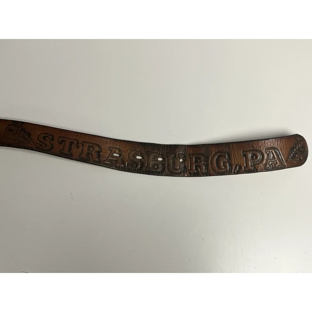 Vintage Tooled Leather Strasburg Pa Train Belt 36 - 42 Buckle USA‎